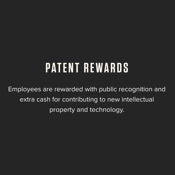 Patent Rewards - Employees are rewarded with public recognition and extra cash for contributing to new intellectual property and technology.