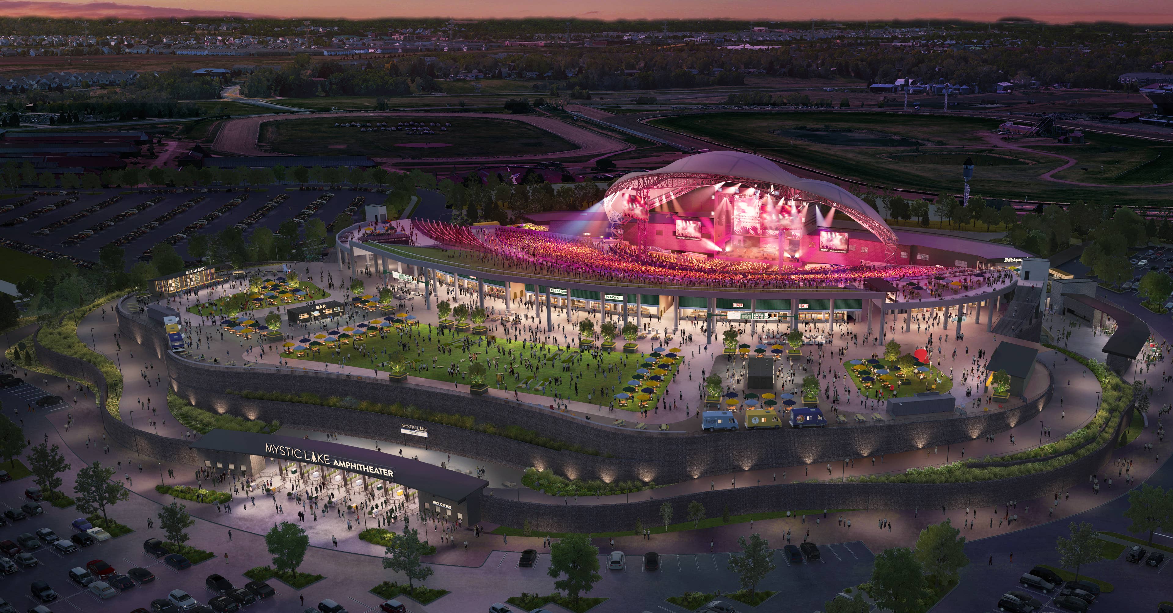 A rendering of an amphitheater with a crowd at an event. 