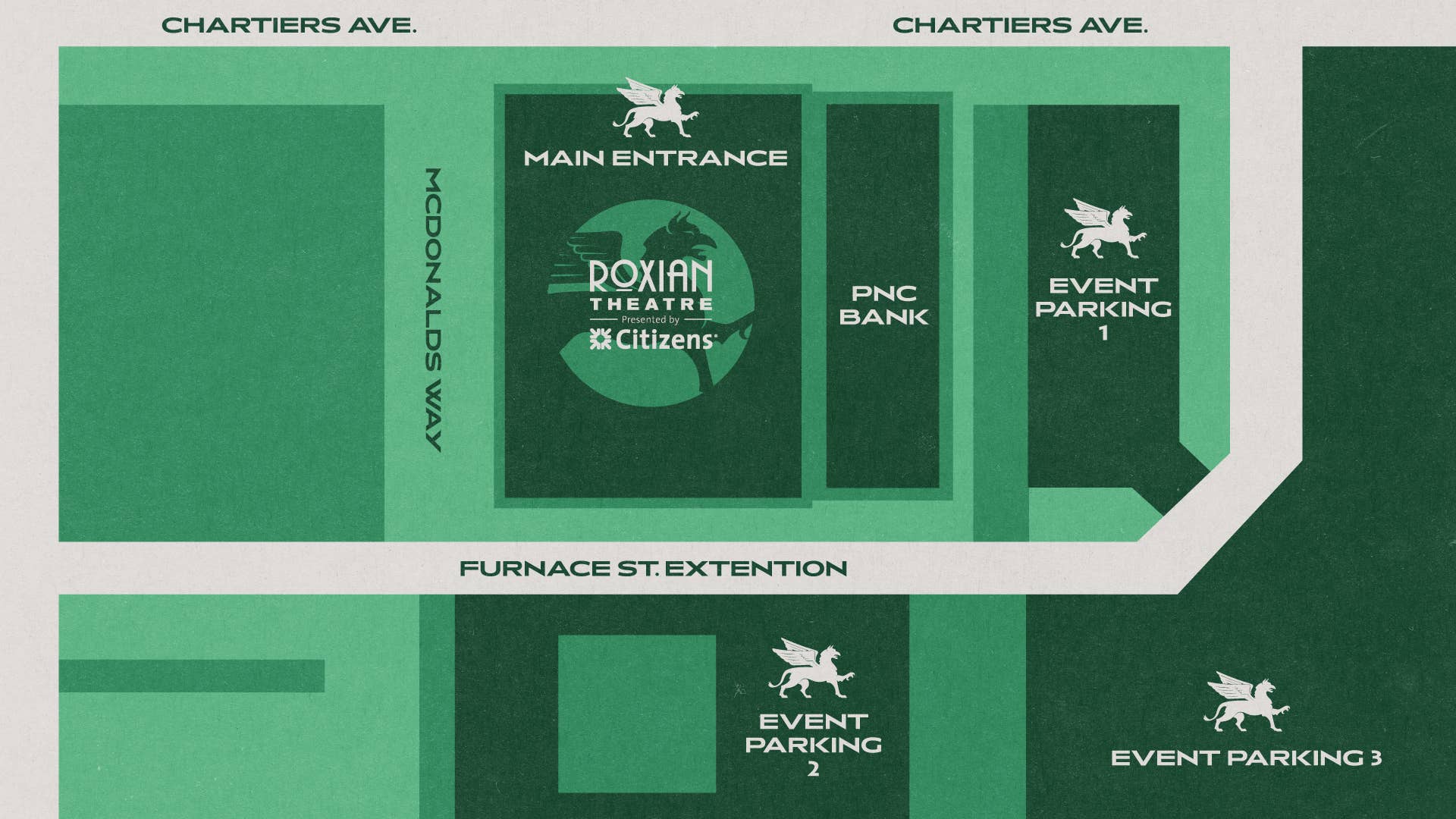 Parking map with a layout of street names and available lots.
