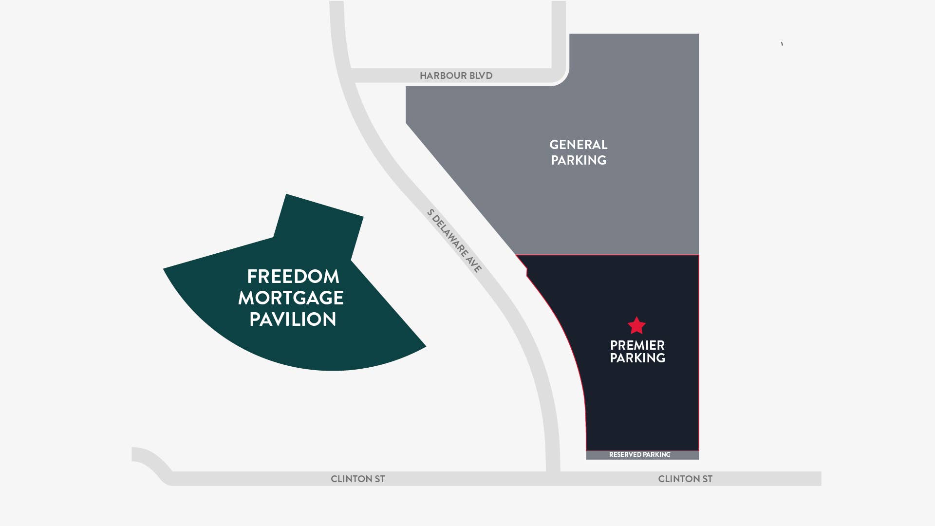 A parking map which indicates the locations for general and Premier parking