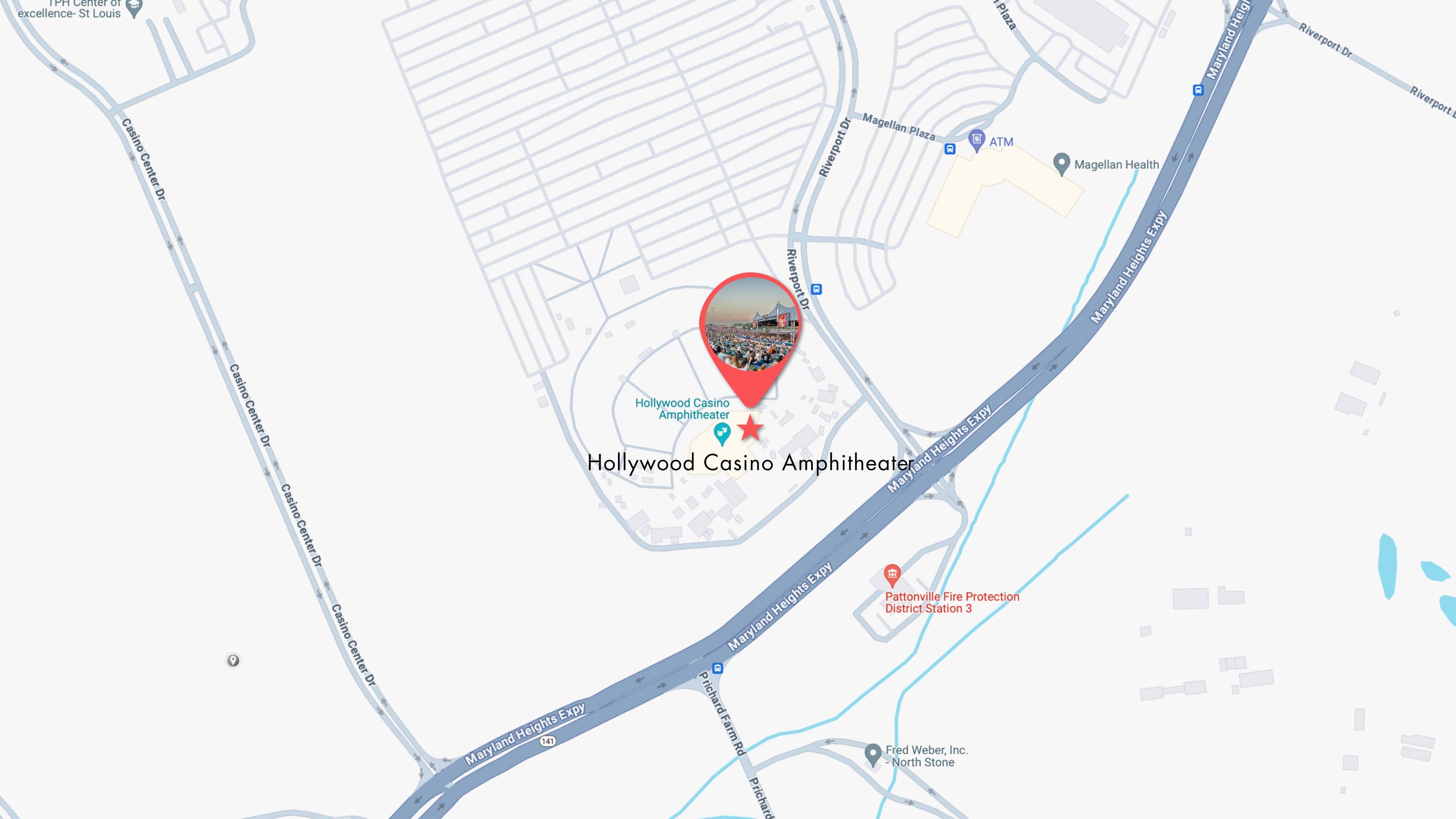 A map shows the location of Hollywood Casino Amphitheater.