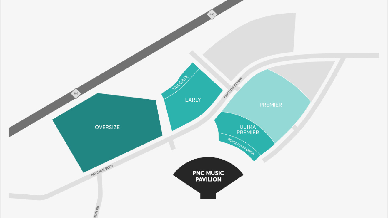 A picture of where Oversize, Early, Tailgate, Reserved Premier, Ultra Premier and Premier Parking at located at PNC Music Pavilion. 