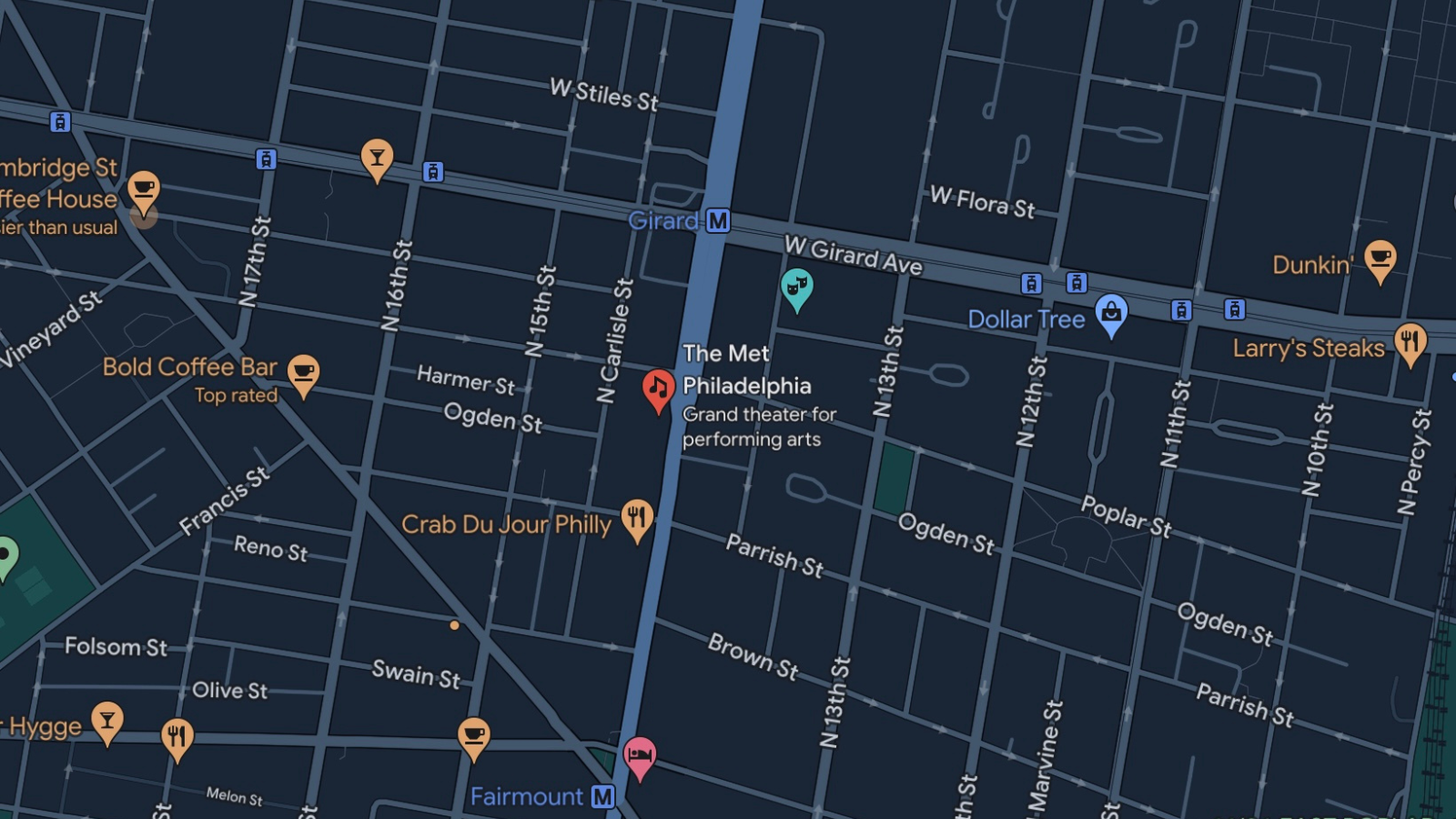 A map of the surrounding streets around The Met Philly