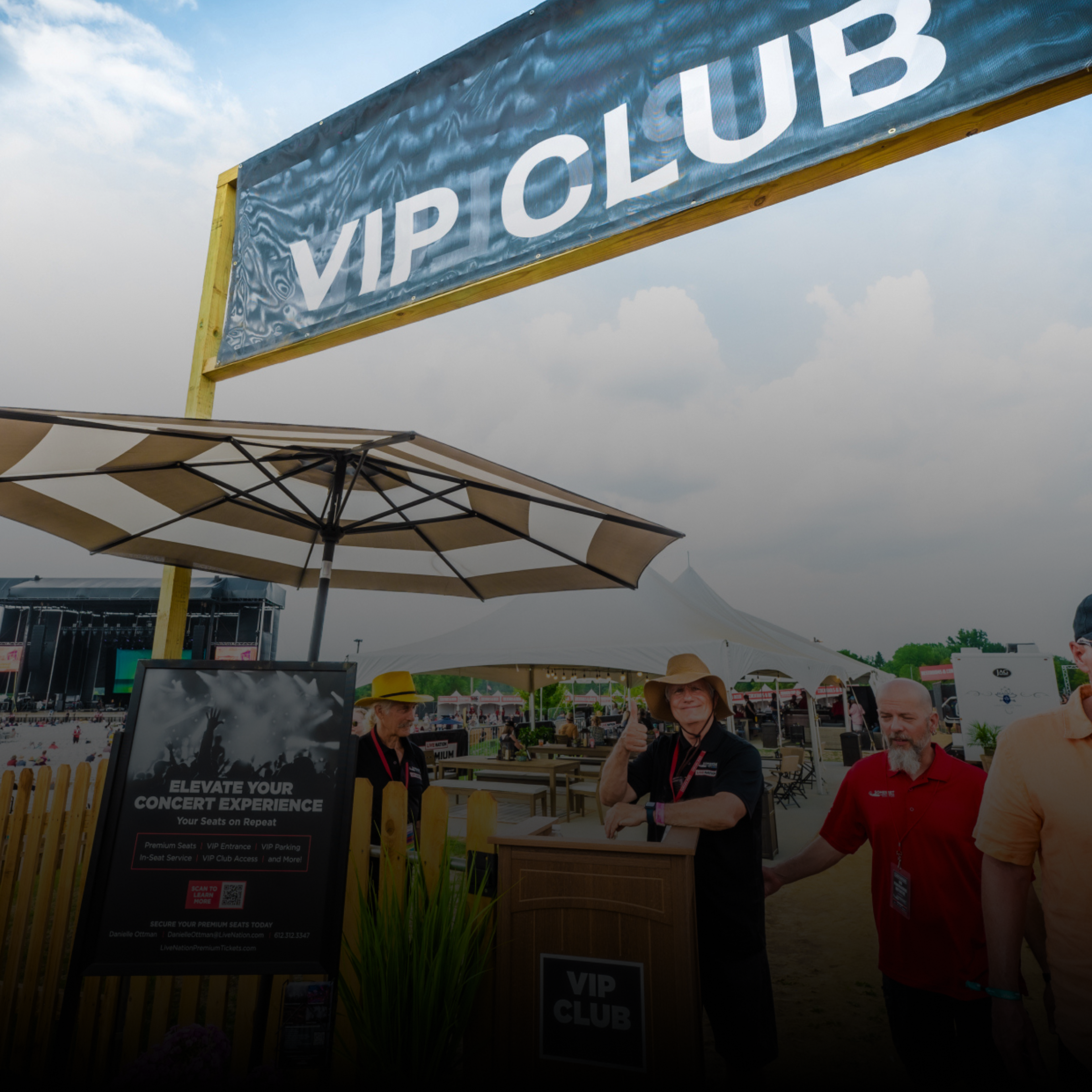 A banner reading "VIP CLUB" with an umbrella underneath it