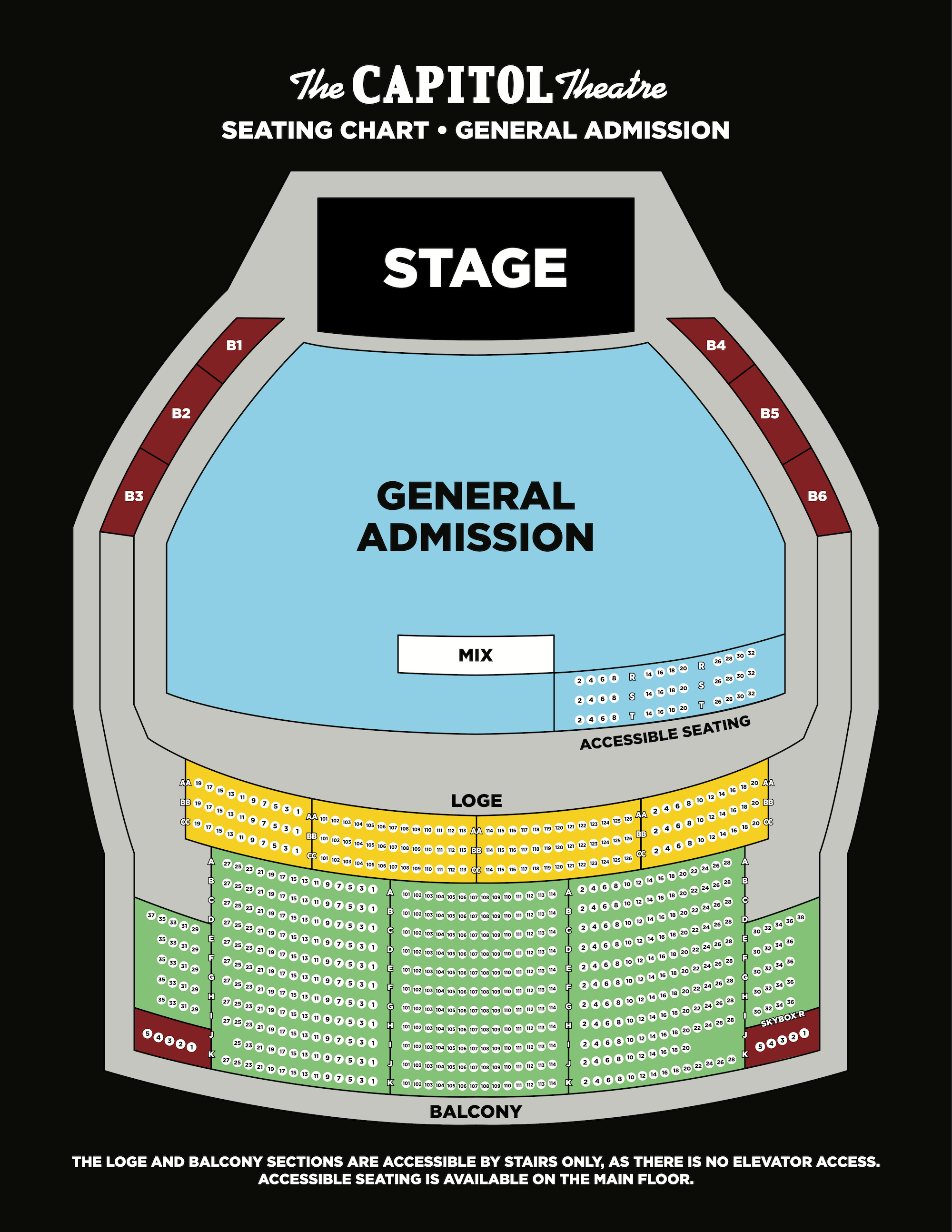 General admission seating chart at The Capitol Theatre in Portchester, NY.