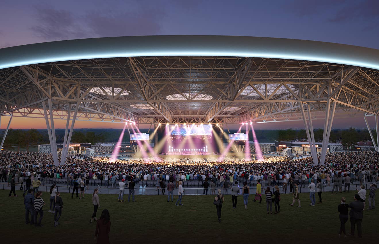 A rendering shows the stage at Morton Amphitheater with a crowd full of people watching on.
