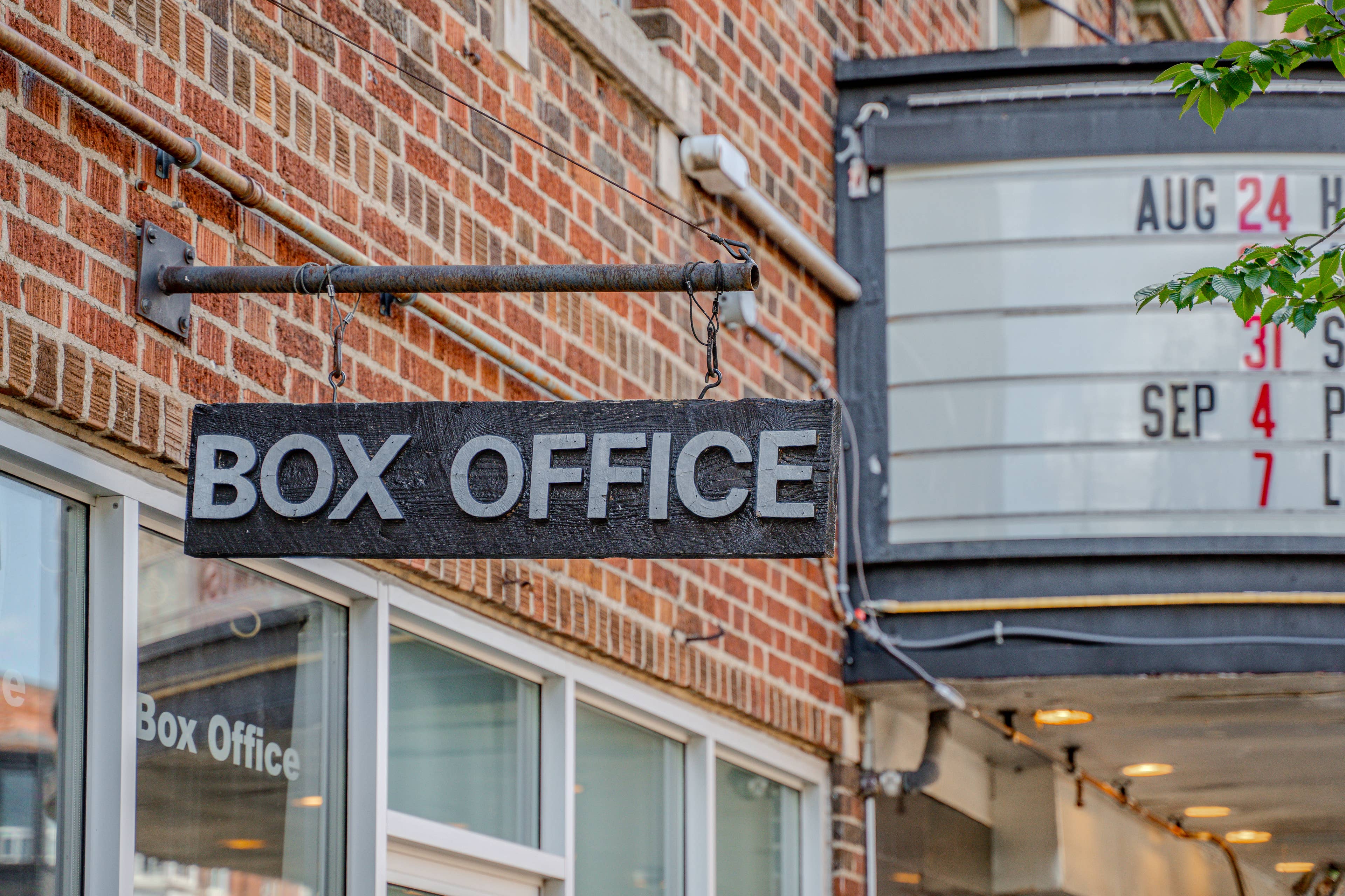 A sign outside the Danforth Music Hall that says "Box Office"