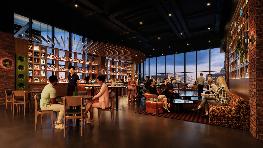 In a rendering of the VIP Club at Landmark Credit Union Live, people gather at tables.