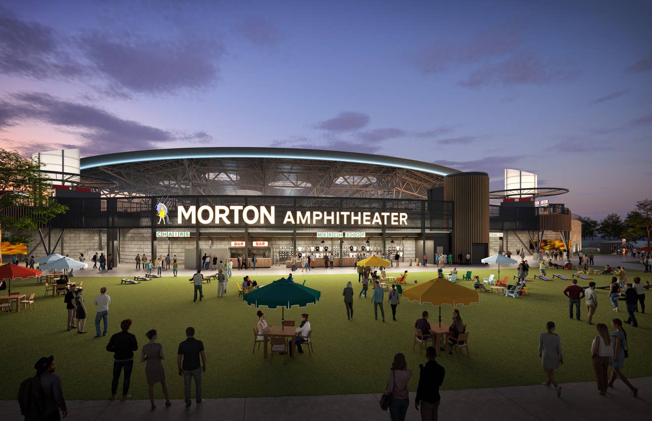 A rendering shows the plaza at Morton Amphitheater with people gathering at tables with umbrellas.