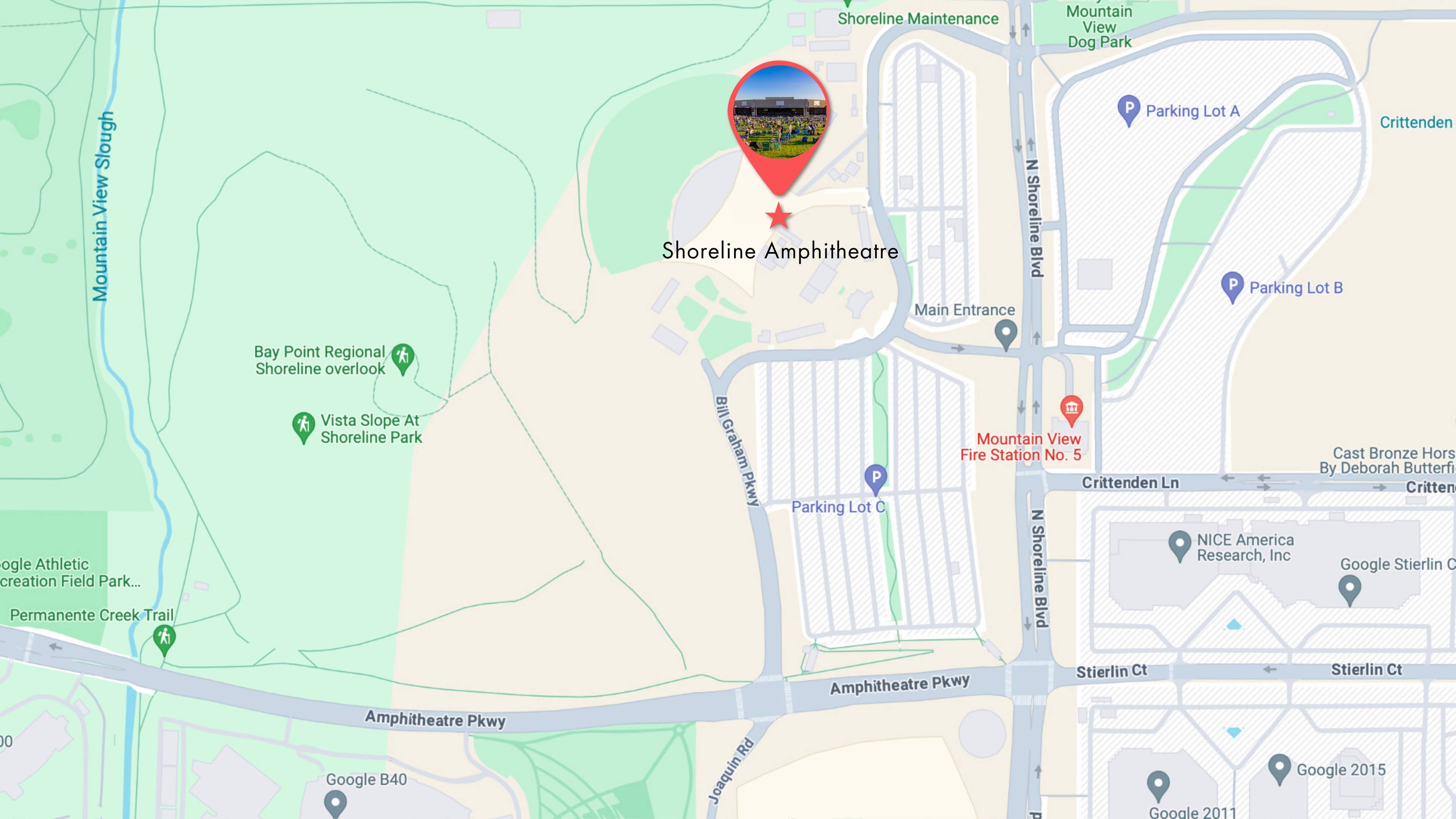 Map of Mountain View area with star where Shoreline Amphitheatre is located