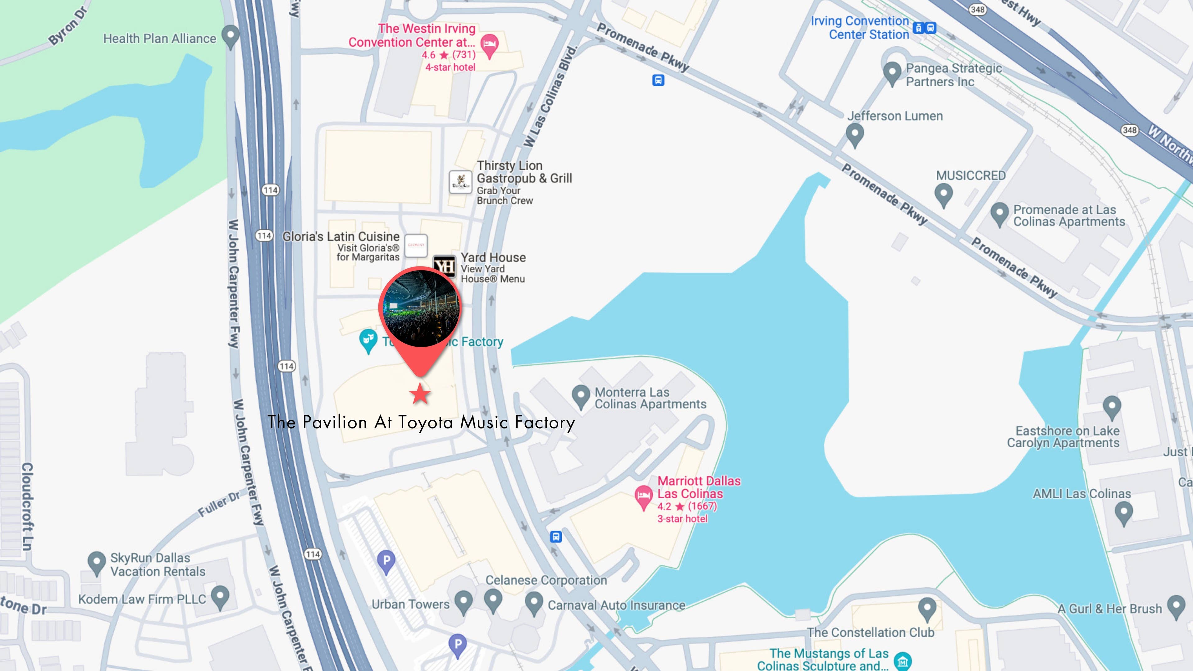 A Google map of The Pavilion at Toyota Music Factory.