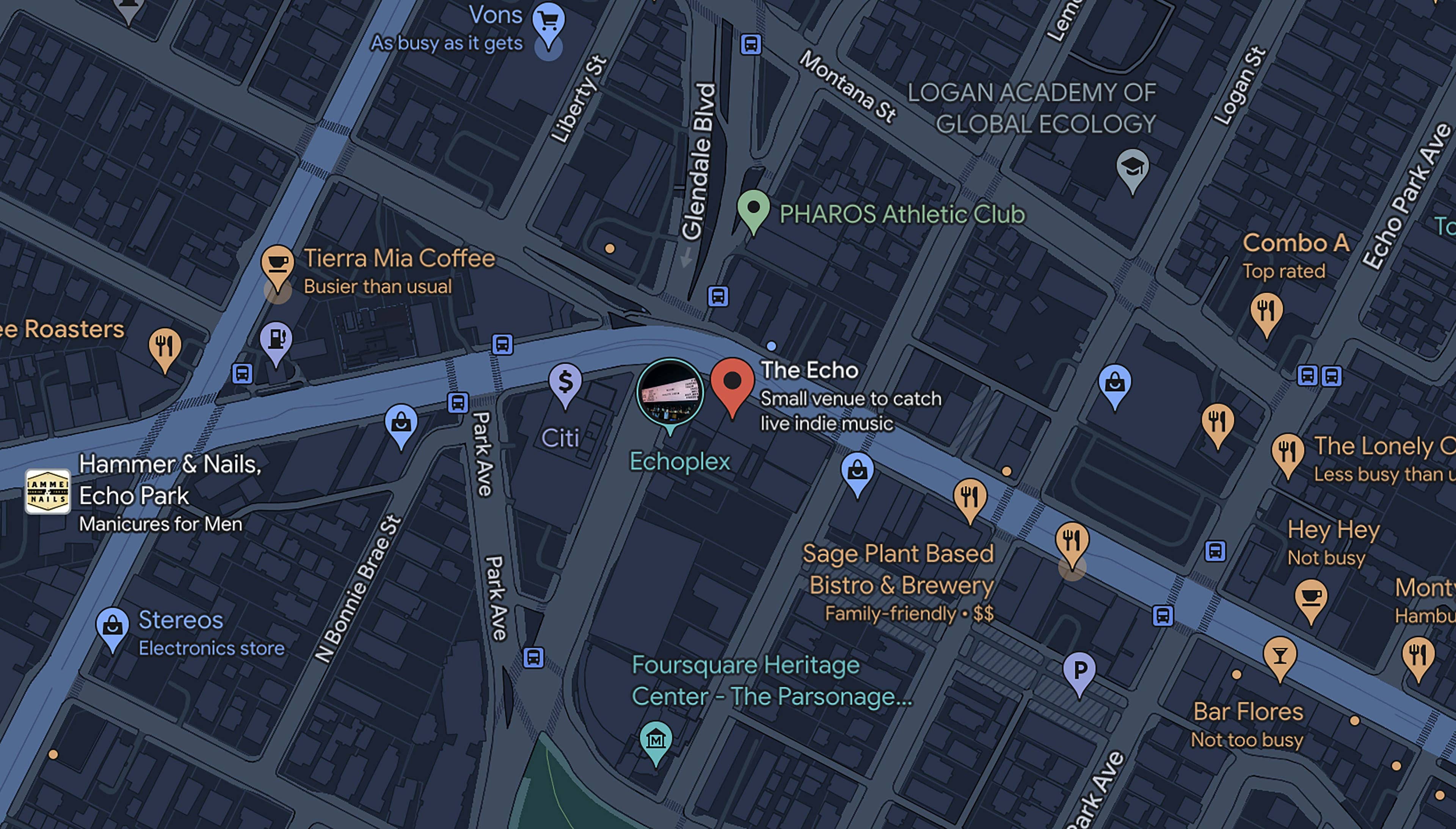 A map of the surrounding streets and a pin indicating the the location of the Echo and the Echoplex