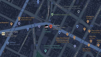 A map of the surrounding streets and a pin indicating the the location of the Echo and the Echoplex
