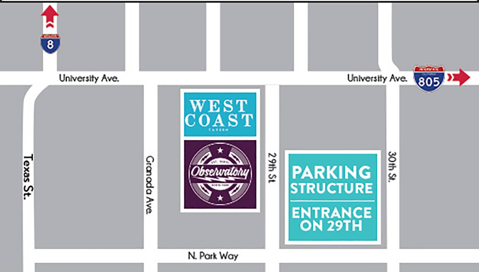 A top down view of the surrounding streets and close by parking structures used for parking.