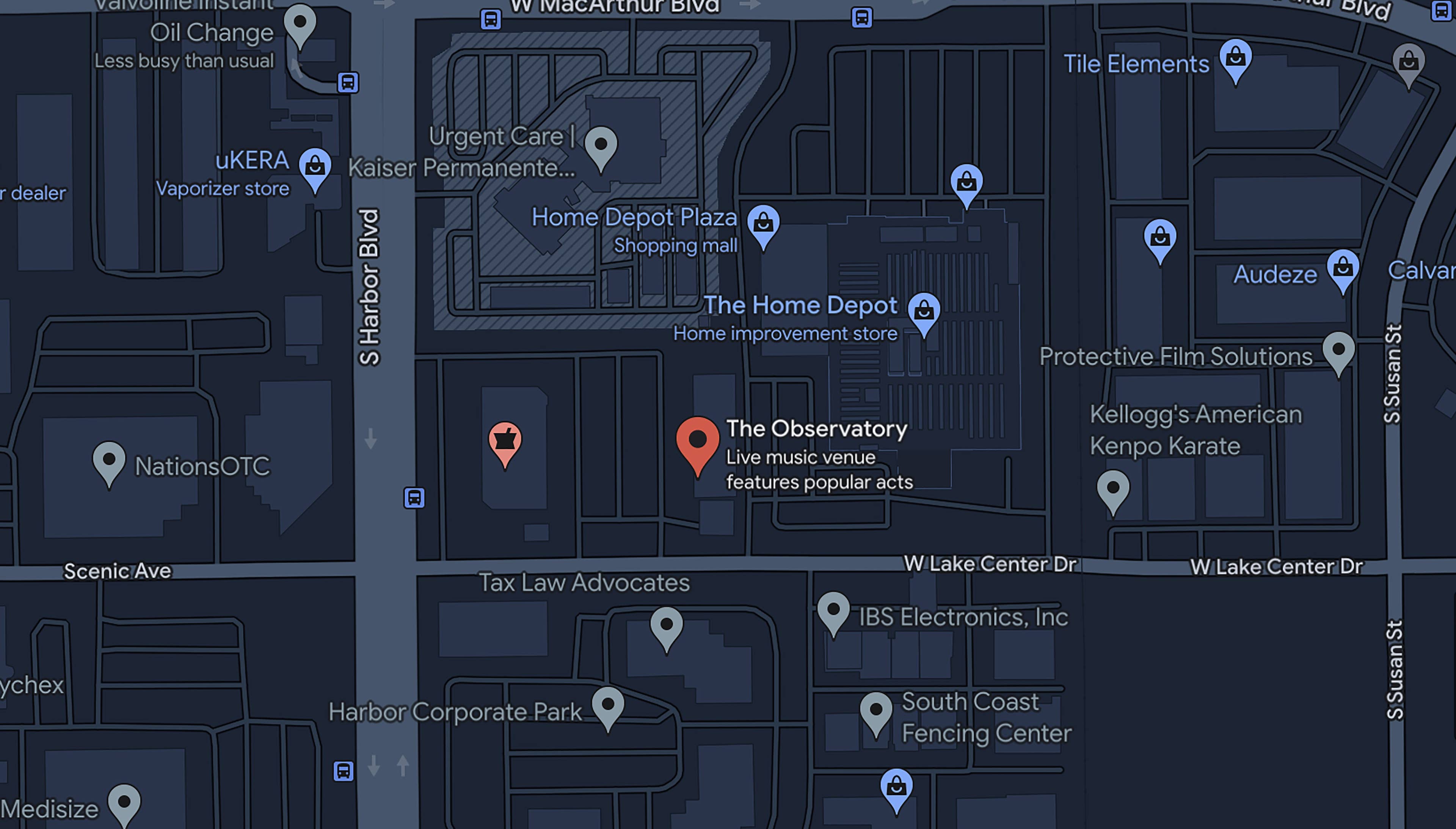 A map of the Santa Ana area surrounding The Observatory