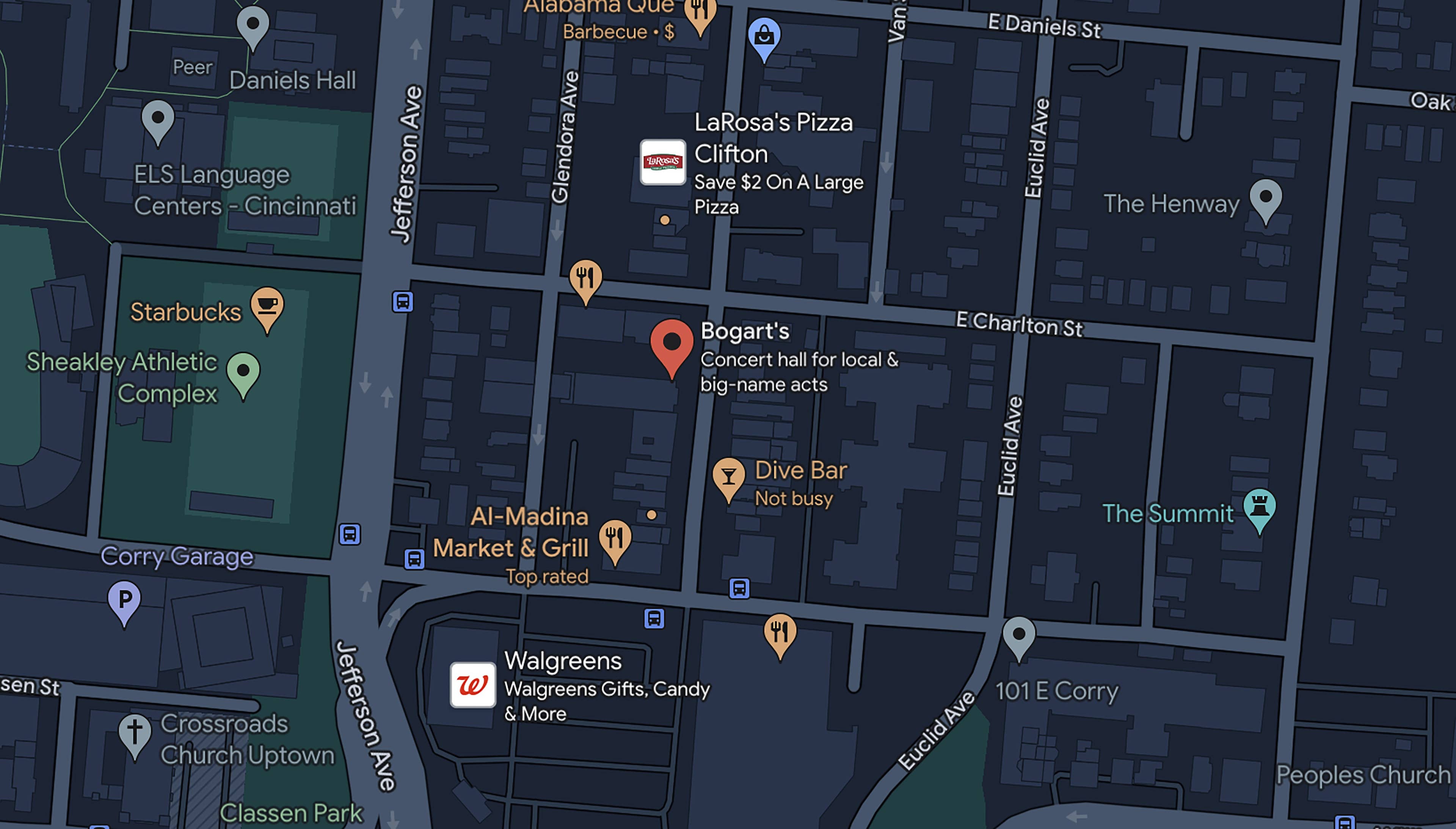 a map of the surrounding streets of Bogart's with a red pin indicating the location of the venue