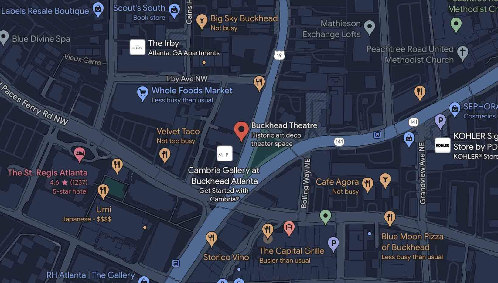A map image that shows Buckhead Theatre and the surrounding businesses