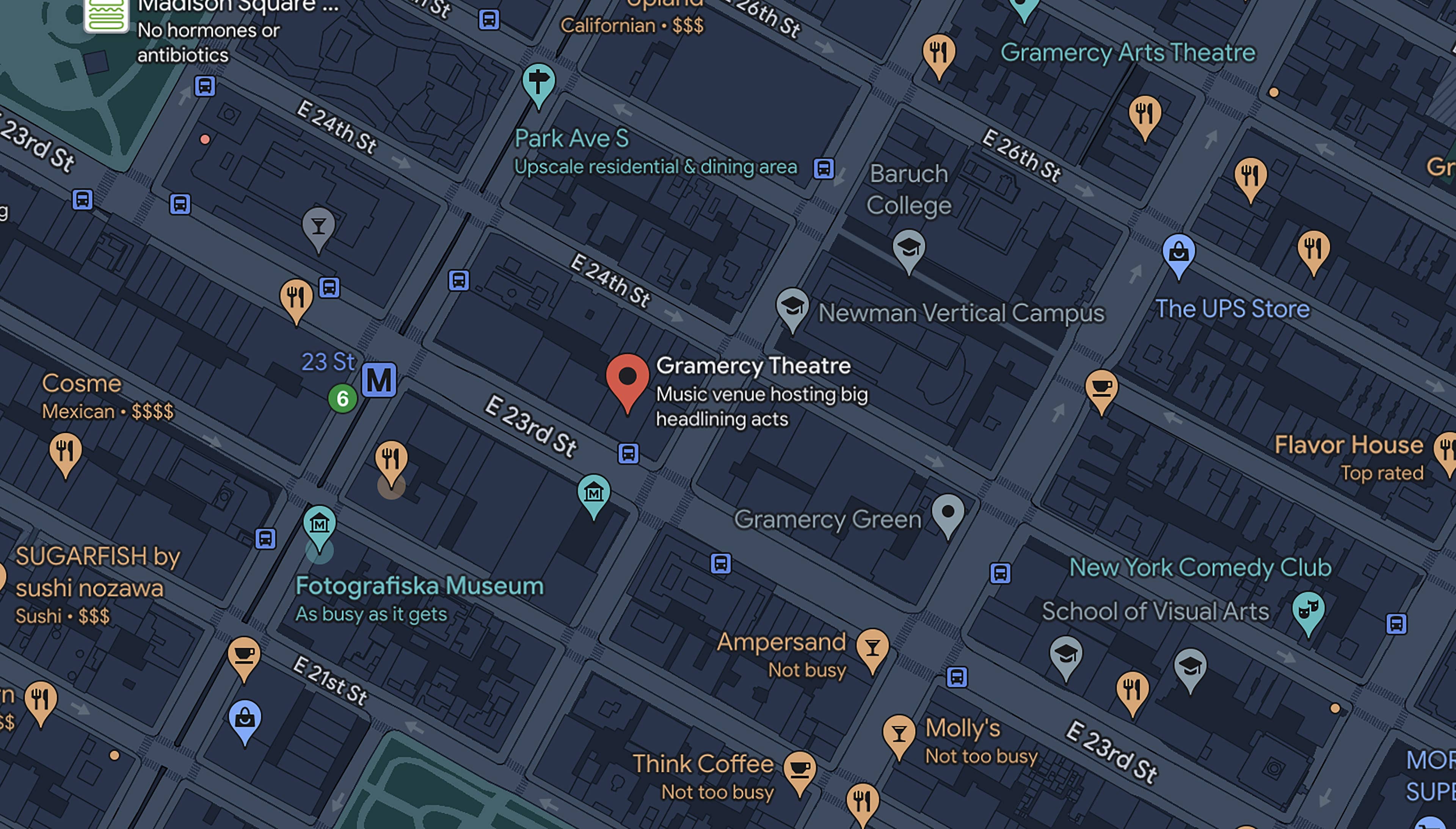 Google Maps screenshot of the location of Gramercy Theatre, 127 East 23rd Street, New York, NY 10010, and the surrounding area. 