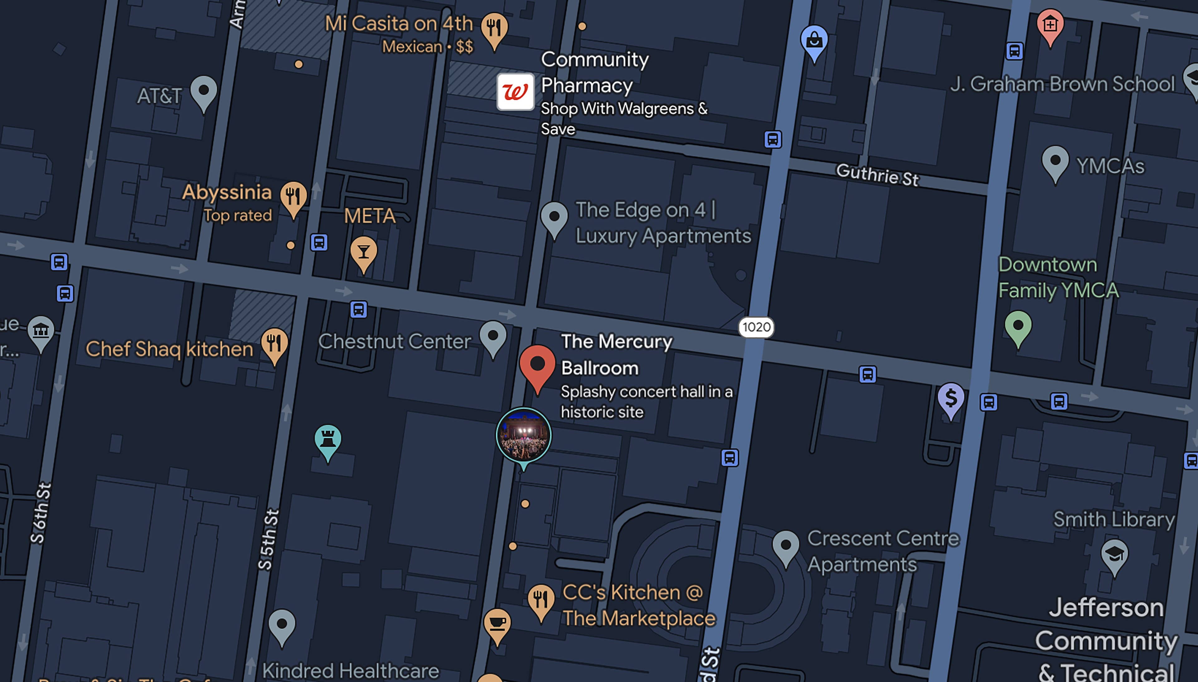 A map surrounding streets and pin indicating the location of Mercury Ballroom.