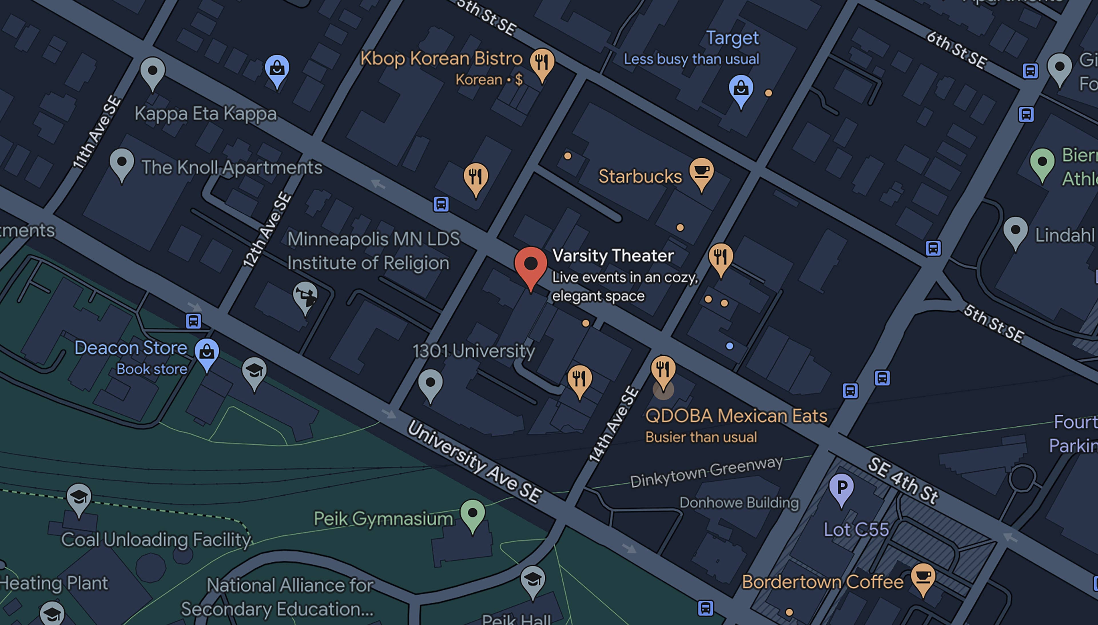 A map of the surrounding streets of the Varsity Theater with a pin indicating the venue's location. 