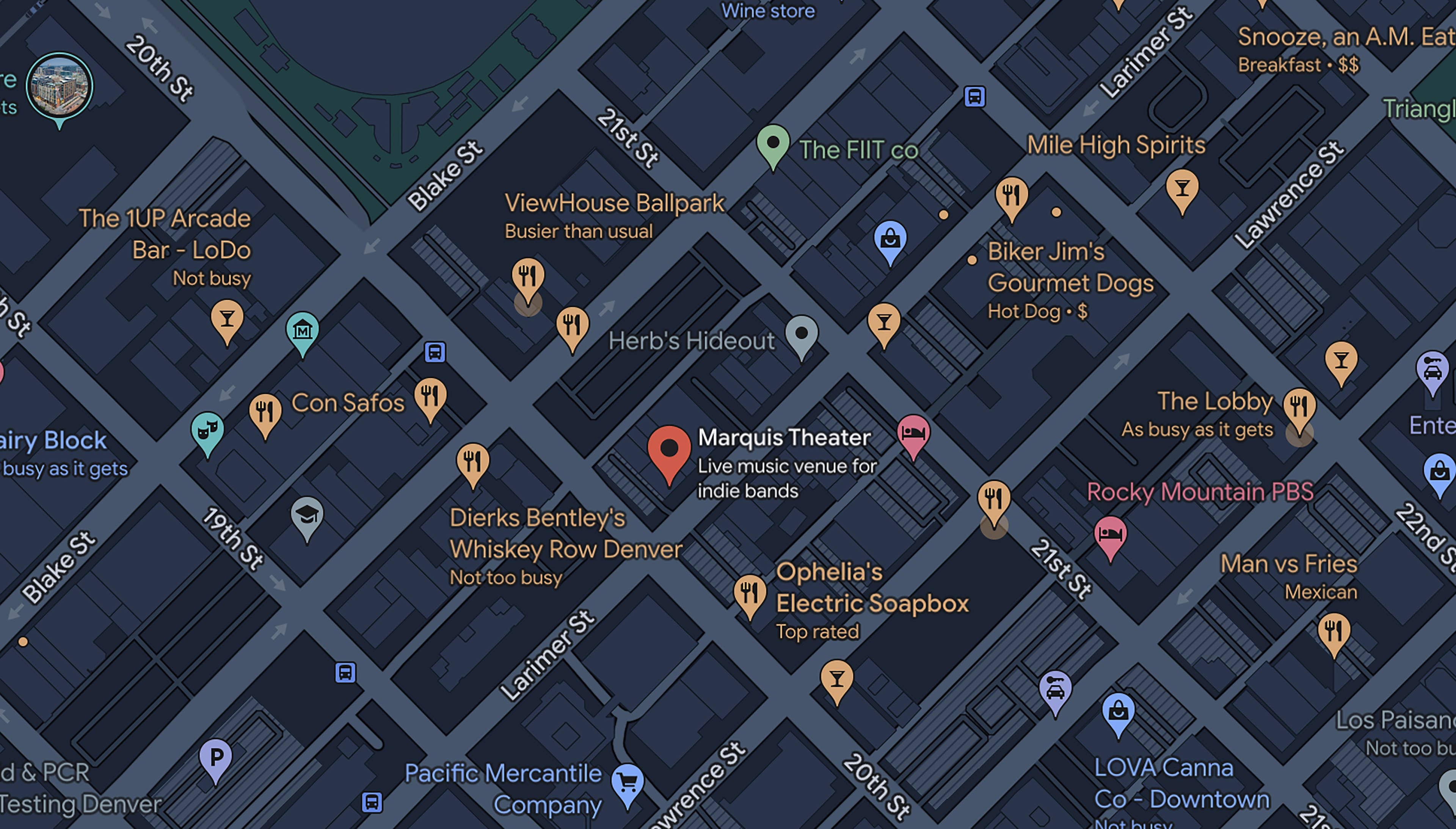 A map displaying the surrounding streets and a pin to indicate the Marquis venue