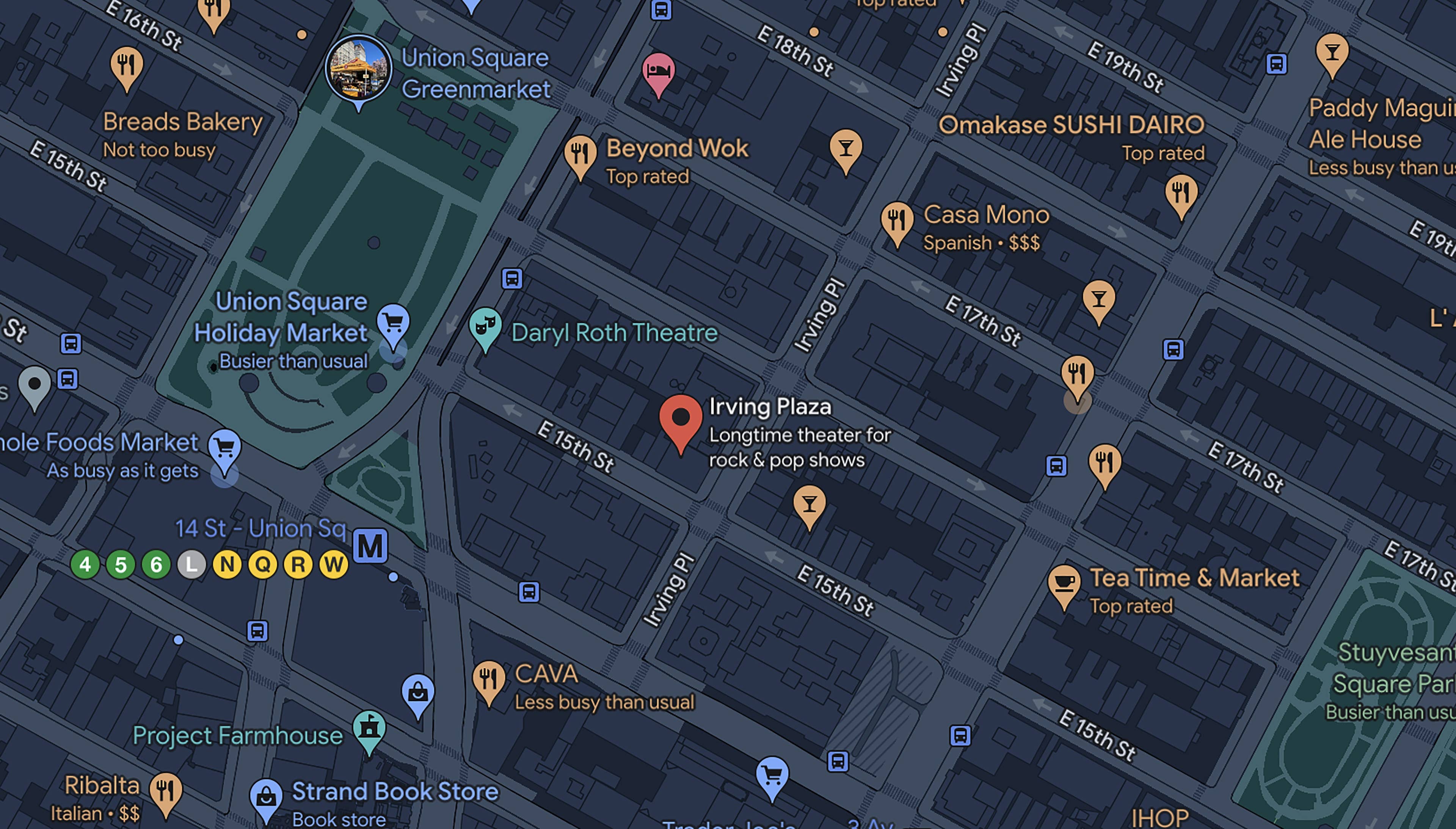 Screenshot of the Google Maps showing Irving Plaza and the surrounding area.