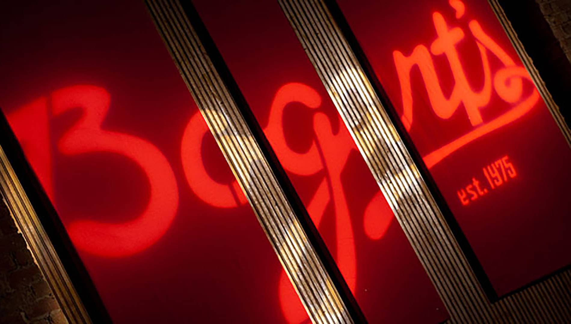 A wall with the Bogart's logo on it